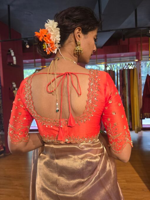 Orange  Raw Silk Blouse with  Embroidery - Image 3