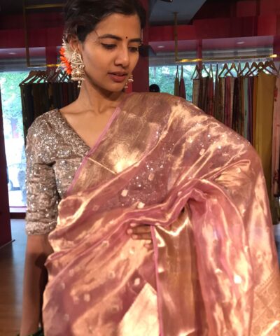 Light Pink Tissue Silk Saree woven with Beautiful Gold Zari Buttis