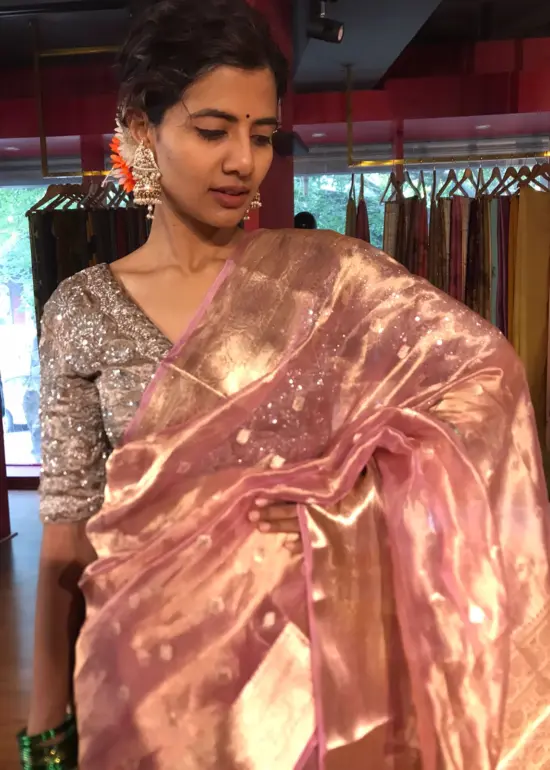 Light Pink Tissue Silk Saree woven with Beautiful Gold Zari Buttis