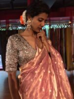 Light Pink Tissue Silk Saree woven with Beautiful Gold Zari Buttis - Image 2