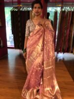 Light Pink Tissue Silk Saree woven with Beautiful Gold Zari Buttis - Image 4