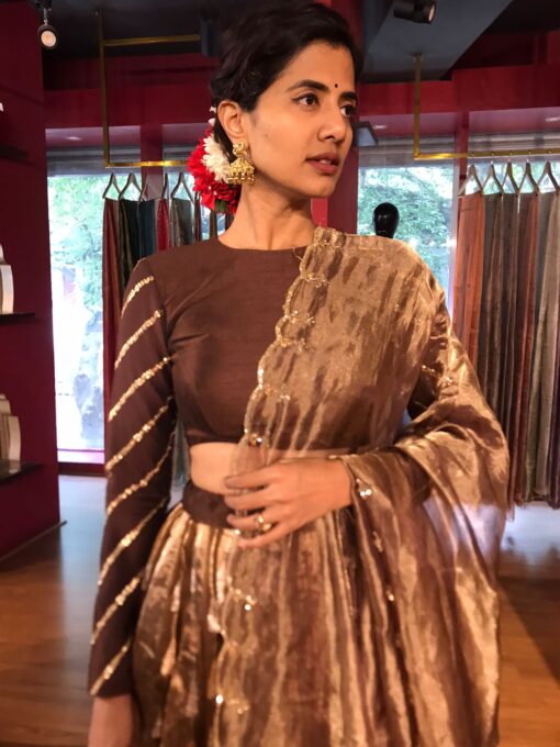 Brown Kora Tissue Lehenga Set of 3 - Image 1