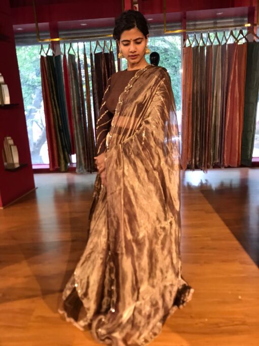 Brown Kora Tissue Lehenga Set of 3 - Image 4