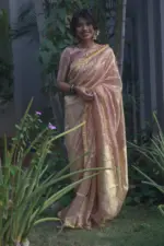 Dusty Pink Tissue Silk Saree woven with Beautiful Gold Zari Buttis
