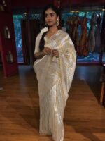 Ivory Striped Lehenga Tissue Silk Saree - Image 3