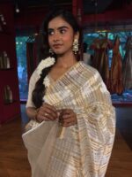 Ivory Striped Lehenga Tissue Silk Saree - Image 4
