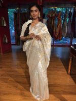 Ivory Striped Lehenga Tissue Silk Saree - Image 2
