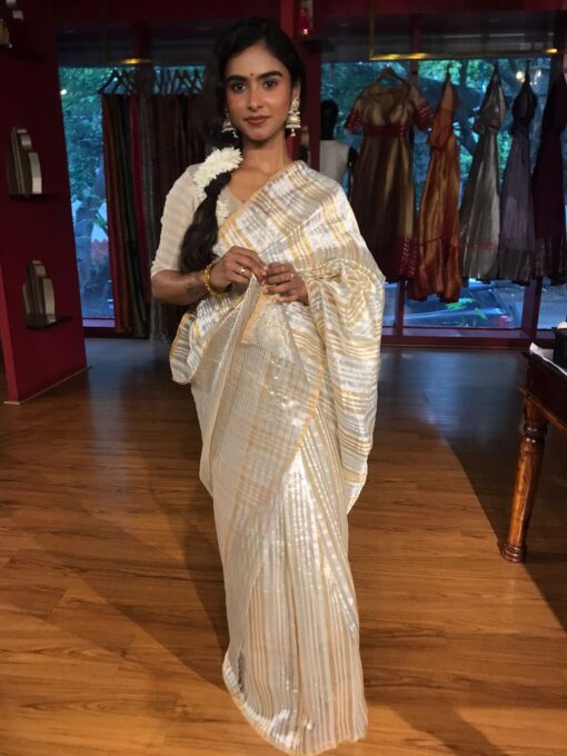 Ivory Striped Lehenga Tissue Silk Saree - Image 2