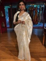 Ivory Striped Lehenga Tissue Silk Saree - Image 5