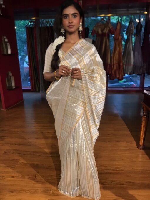 Ivory Striped Lehenga Tissue Silk Saree - Image 5