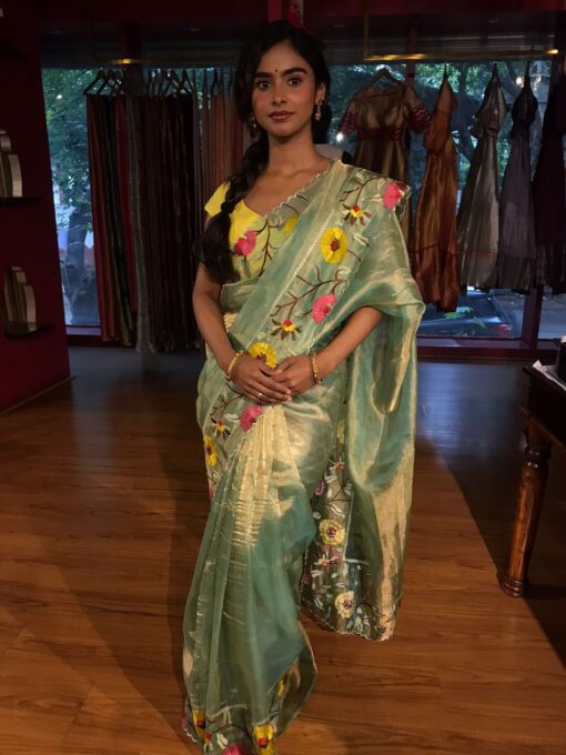 Sea Green Embroidery Banarasi Silk Saree - Image 6