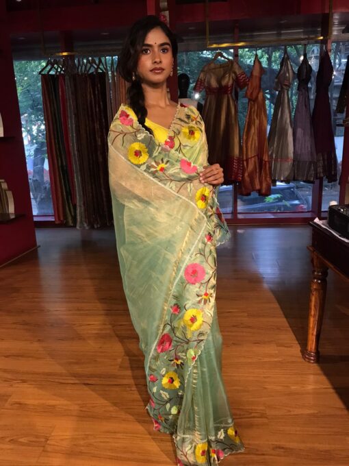 Sea Green Embroidery Banarasi Silk Saree - Image 4