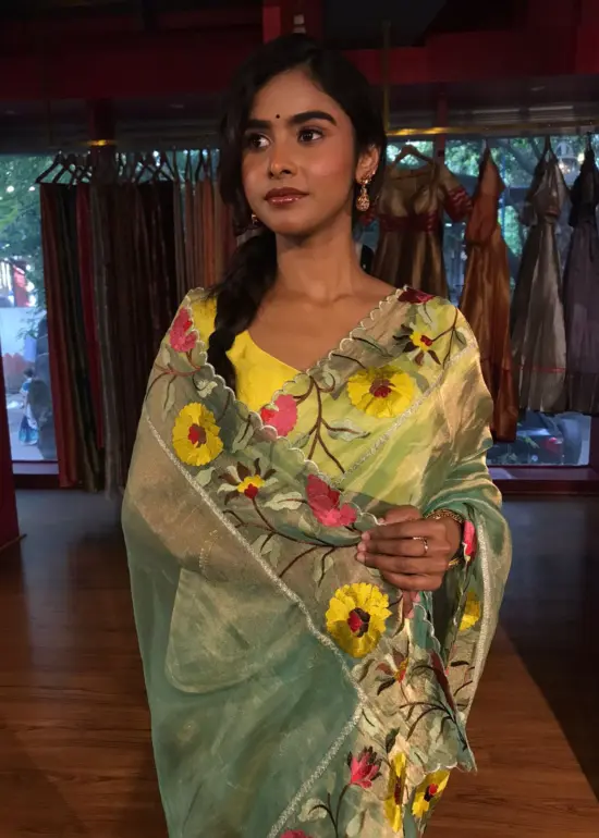 Sea Green Embroidery Banarasi Silk Saree