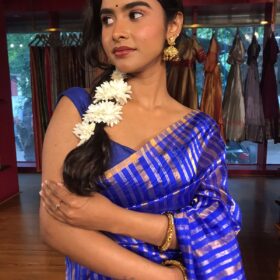 Royal Blue Striped Chanderi Tissue Silk Saree