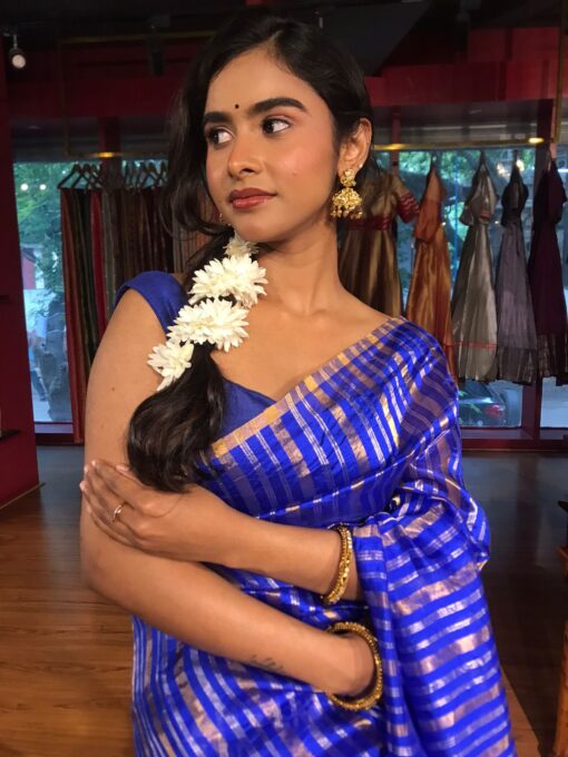 Royal Blue Striped Chanderi Tissue Silk Saree - Image 1