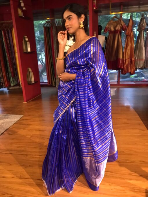 Royal Blue Striped Chanderi Tissue Silk Saree - Image 5