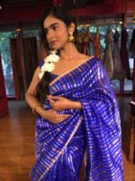 Royal Blue Striped Chanderi Tissue Silk Saree - Image 3