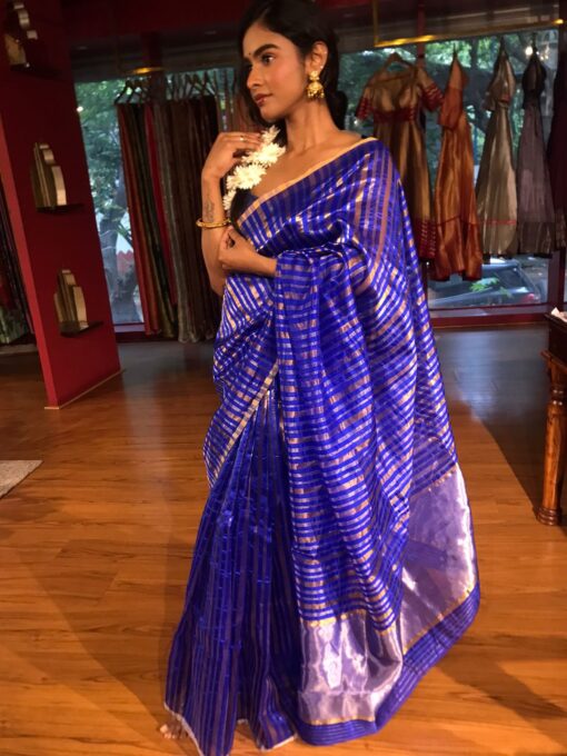 Royal Blue Striped Chanderi Tissue Silk Saree - Image 6