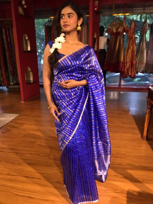 Royal Blue Striped Chanderi Tissue Silk Saree - Image 2