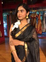 Black Mangalagiri Silk Saree with Gold Chequered Pattern