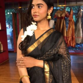 Black Mangalagiri Silk Saree with Gold Chequered Pattern