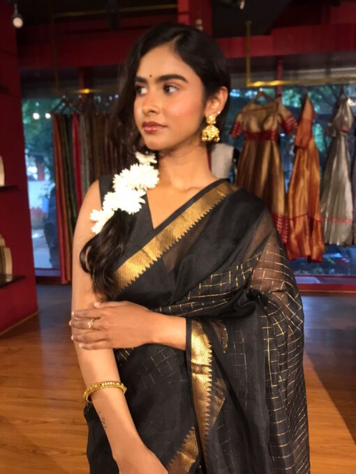 Black Mangalagiri Silk Saree with Gold Chequered Pattern - Image 1