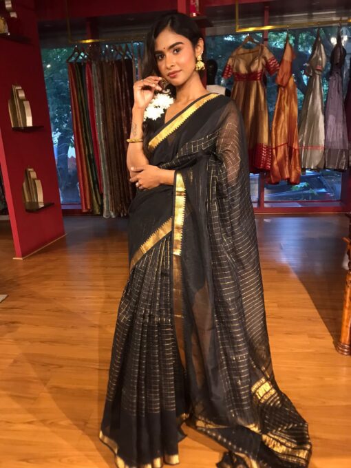 Black Mangalagiri Silk Saree with Gold Chequered Pattern - Image 5