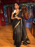Black Mangalagiri Silk Saree with Gold Chequered Pattern - Image 2