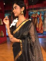 Black Mangalagiri Silk Saree with Gold Chequered Pattern - Image 3