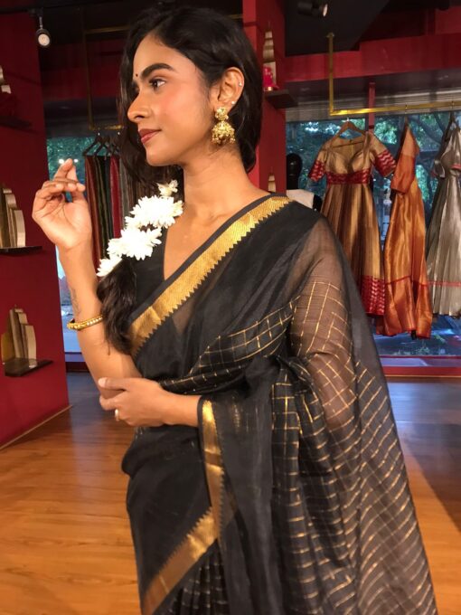 Black Mangalagiri Silk Saree with Gold Chequered Pattern - Image 3