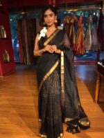 Black Mangalagiri Silk Saree with Gold Chequered Pattern - Image 4