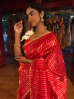 Red Striped Chanderi Tissue Silk Saree of - Image 3