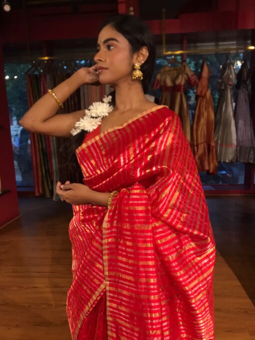 Red Striped Chanderi Tissue Silk Saree - Image 5