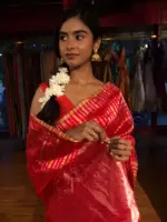 Red Striped Chanderi Tissue Silk Saree of