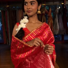 Red Striped Chanderi Tissue Silk Saree of