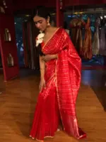Red Striped Chanderi Tissue Silk Saree of - Image 4