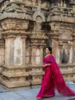 Rani Pink Mangalagiri Silk Saree with Gold Zari Chequered Pattern - Image 3