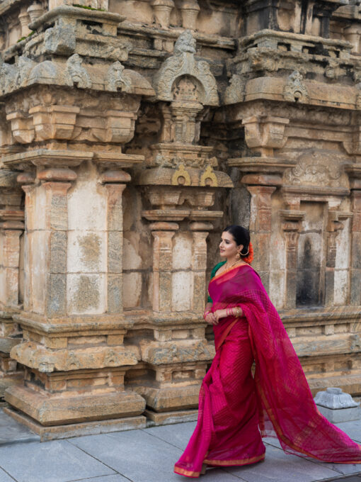 Rani Pink Mangalagiri Silk Saree with Gold Zari Chequered Pattern - Image 3