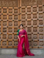 Rani Pink Mangalagiri Silk Saree with Gold Zari Chequered Pattern - Image 2