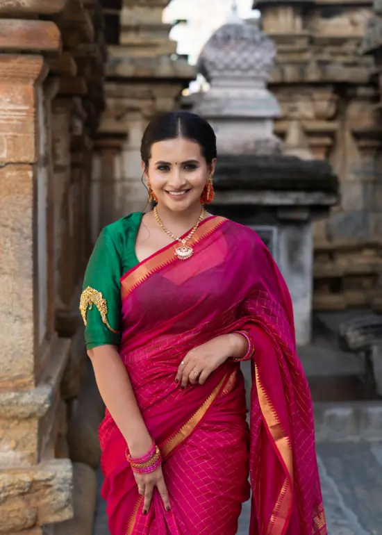 Rani Pink Mangalagiri Silk Saree with Gold Zari Chequered Pattern