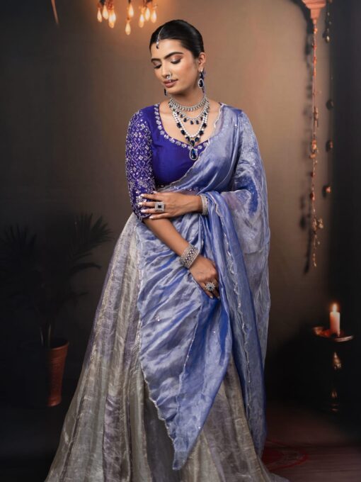 Ombre Purple Embroidered Tissue Silk Lehenga Set of 3 - Image 5
