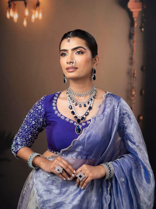 Ombre Purple Embroidered Tissue Silk Lehenga Set of 3 - Image 3