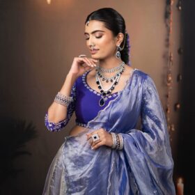 Ombre Purple Embroidered Tissue Silk Lehenga Set of 3