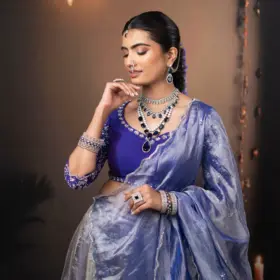 Ombre Purple Embroidered Tissue Silk Lehenga Set of 3