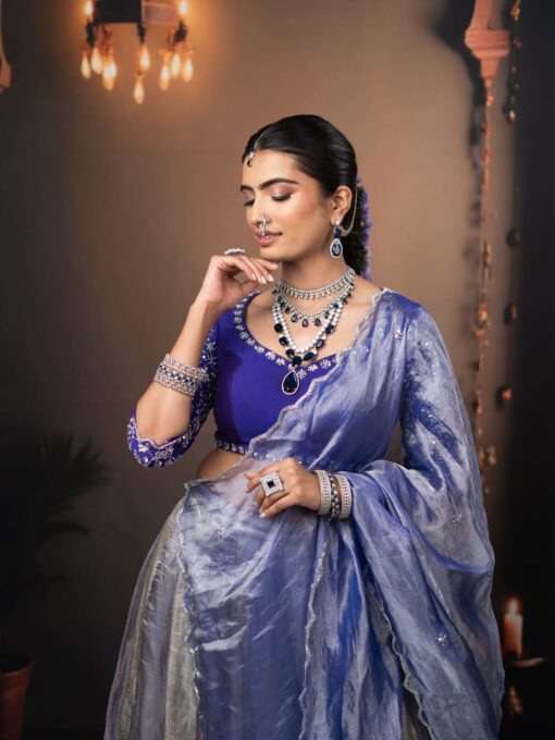 Ombre Purple Embroidered Tissue Silk Lehenga Set of 3 - Image 1