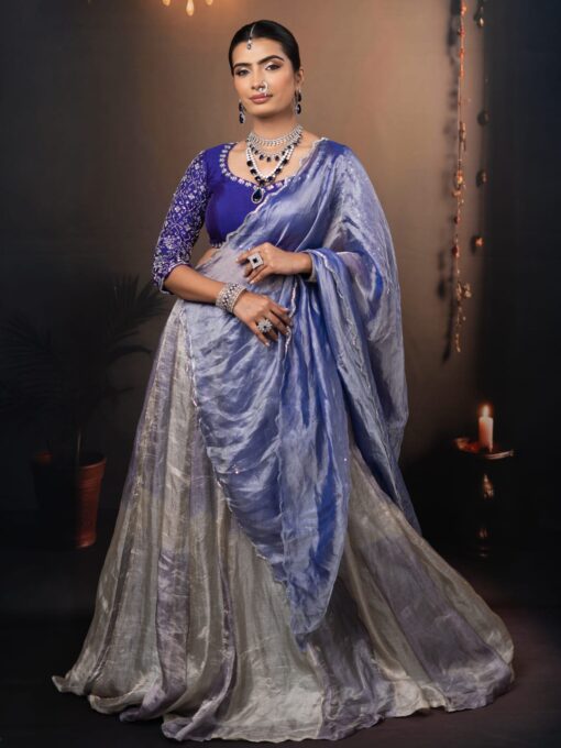 Ombre Purple Embroidered Tissue Silk Lehenga Set of 3 - Image 2