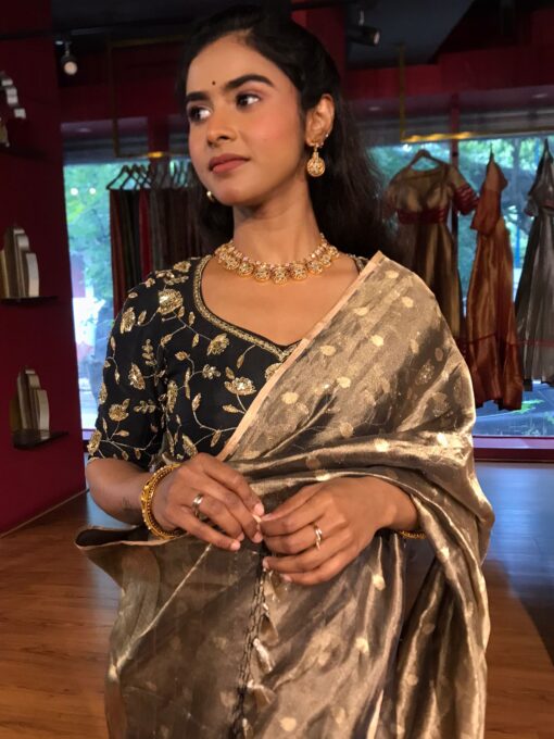 Metallic Gold Tissue Silk Saree woven with Beautiful Gold Zari Buttis - Image 2