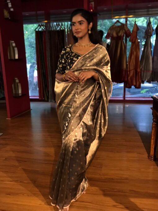 Metallic Gold Tissue Silk Saree woven with Beautiful Gold Zari Buttis - Image 3