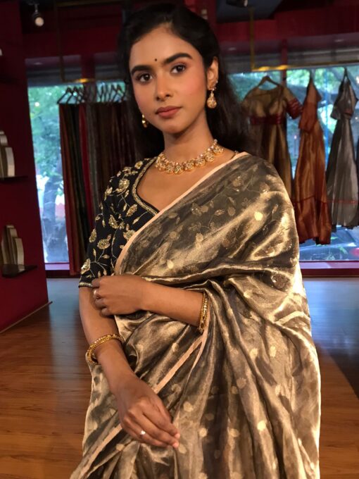 Metallic Gold Tissue Silk Saree woven with Beautiful Gold Zari Buttis - Image 1