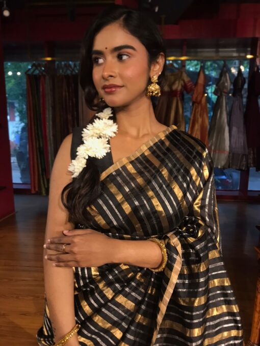 Black Striped Tissue Silk Saree - Image 5